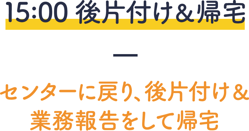 15:00後片付け、帰宅－センターに戻りあ、後片付け、業務報告をして帰宅